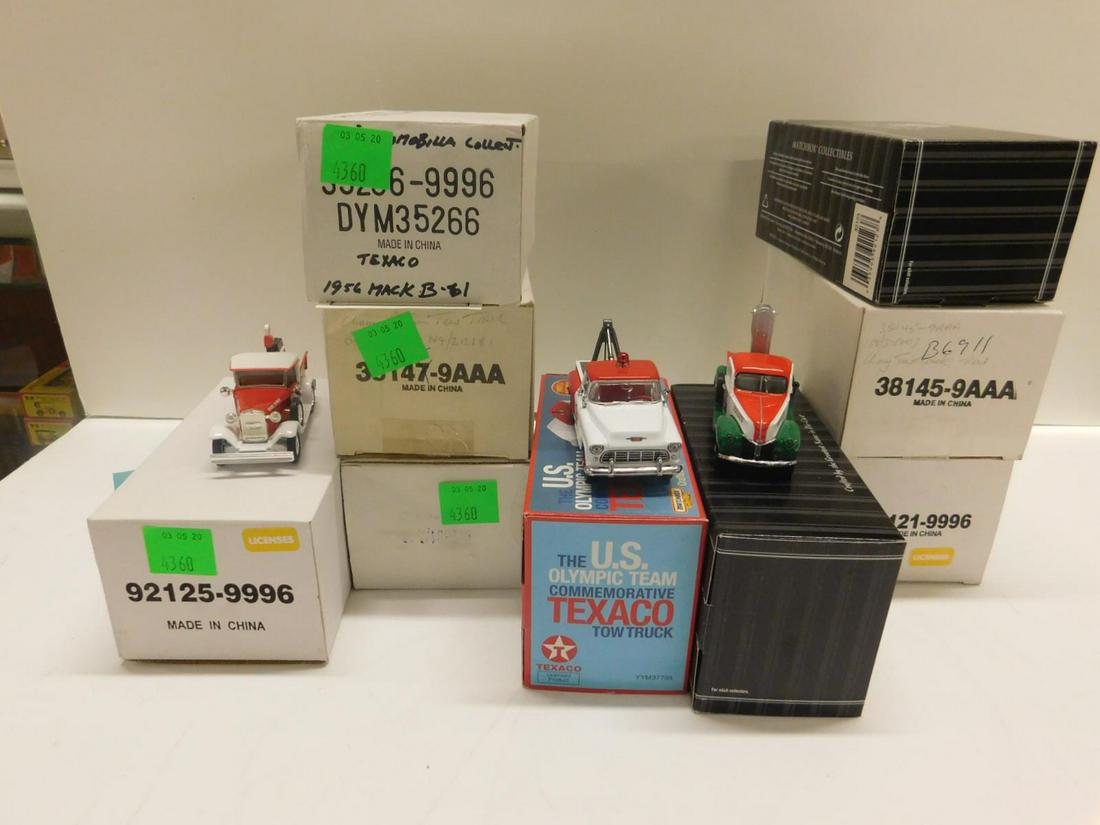 9 Matchbox Texaco Pick-up Trucks & Other: 9 Matchbox Texaco Pick-up Trucks & Other, all like new in original boxes, small scale diecast including: (3) Custom Texaco 1955 Chevrolet Pick-up, 38145- 9AAA (1 box mismarked), (4) Vintage Delivery t