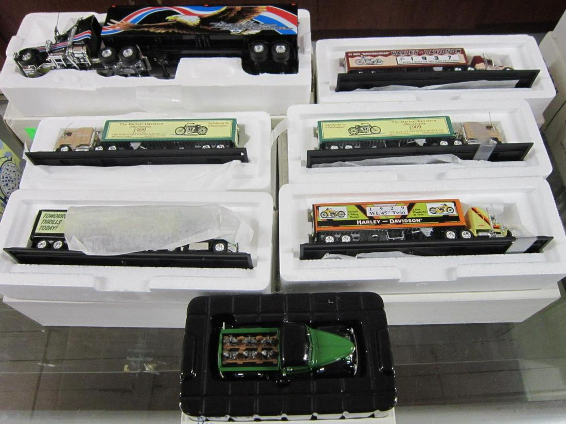 7 Matchbox Collectibles Vehicles: 7 Matchbox Collectibles vehicles, Harley Davidson advertising, all new in original packages, small scale die cast including; (5) Tractor Trailers - CCY02/HA-M, (2) CCY03/HA-M, CCY04/HA-M and CCY06/HA-