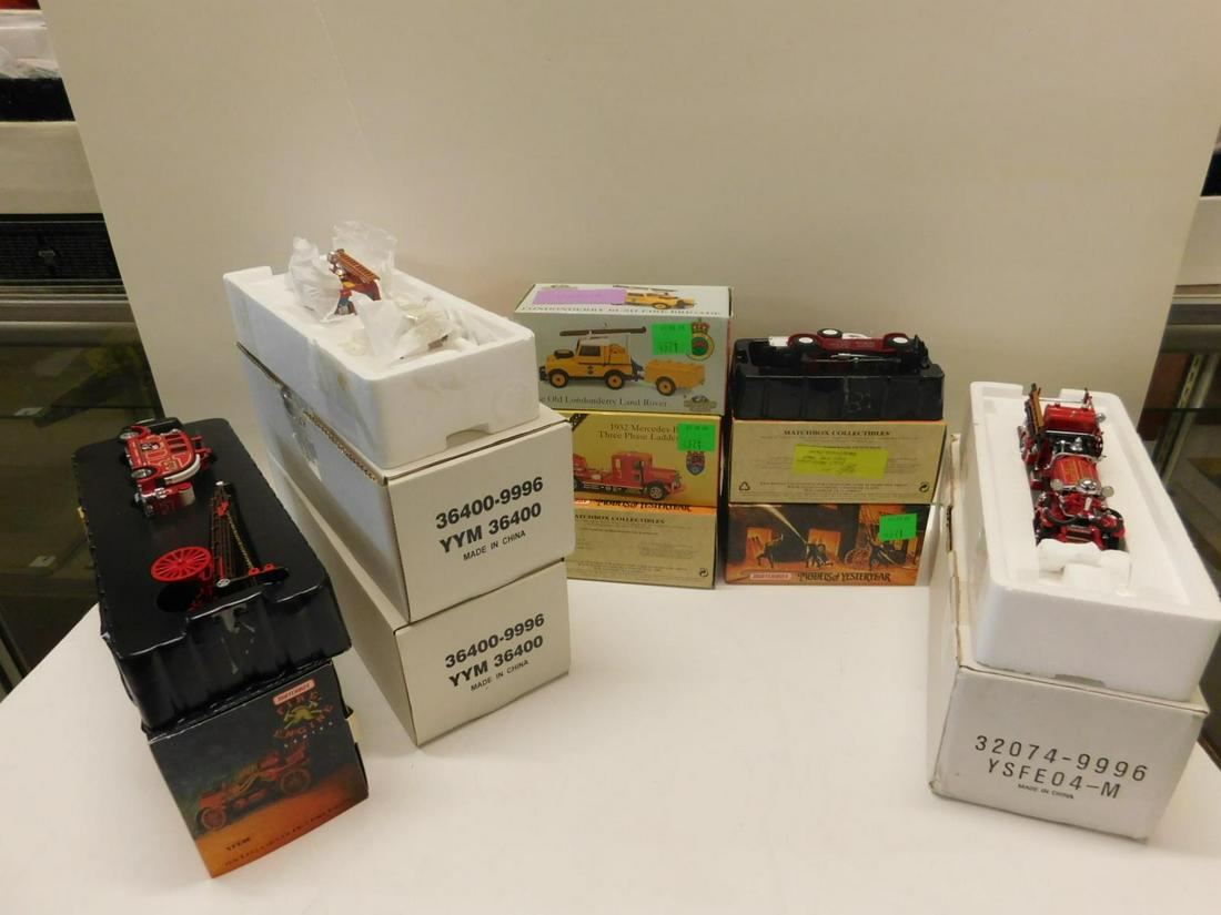 9 Matchbox Collectibles Fire Engines: 9 Matchbox Collectibles Fire Engines, all new in original boxes, small scale diecast including: two YYM36400, YSFE04-M, YFE08, two YYM37636, YFE09 and YFE05 / SA and YFE02/B. CONDITION: Boxes may have