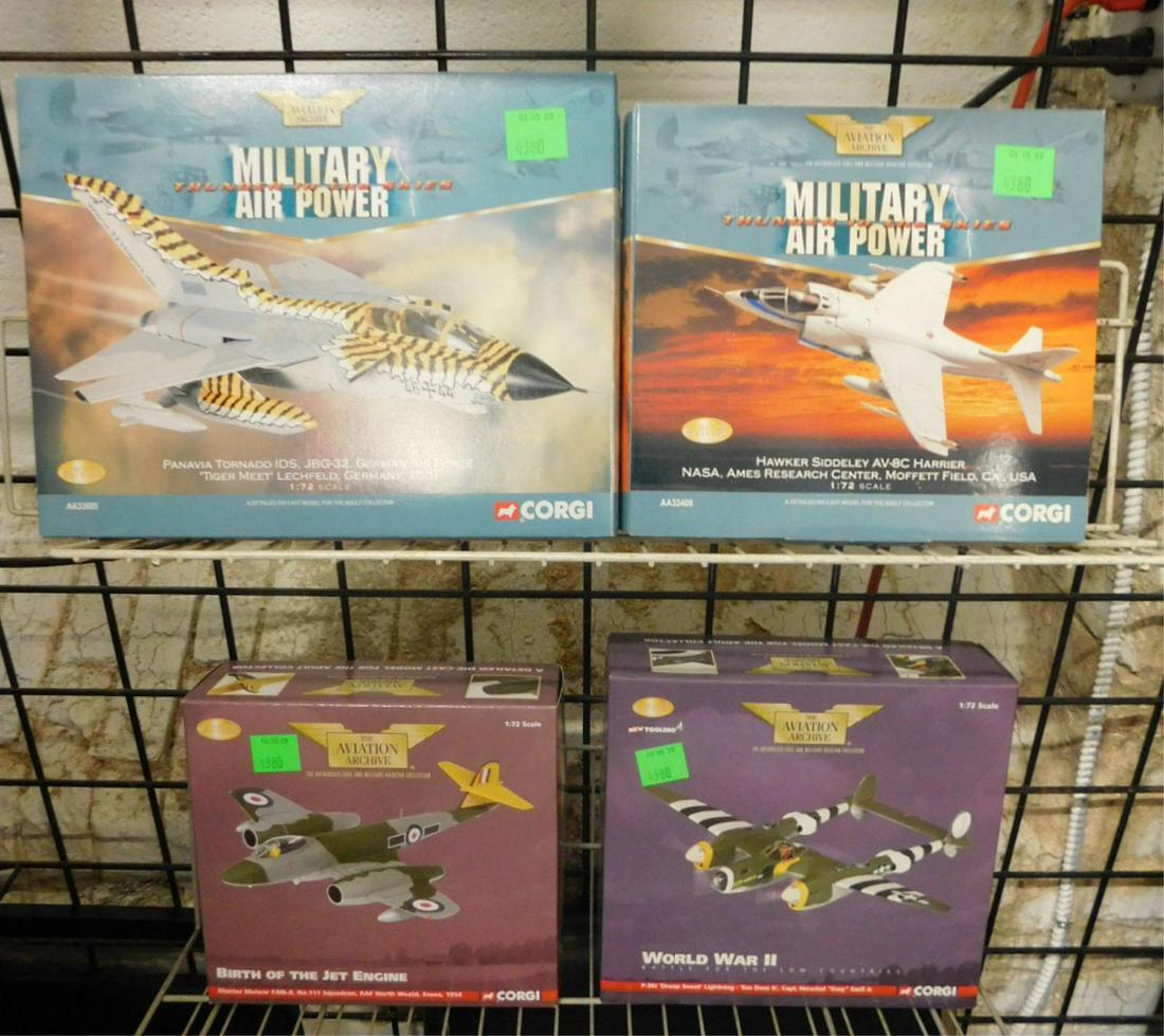 4 Aviation Archive Diecast Planes: 4 Aviation Archive Diecast Planes by Corgi, all new in original boxes, small scale diecast including: Gloster Meteor, AA35010,P-38J Lightning, AA36602, Panovia Tornado IDS, AA33605 and Hawker Siddeley