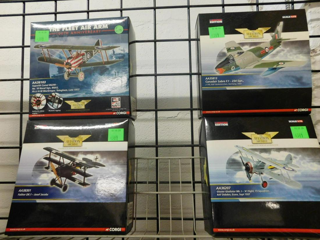 4 Corgi Limited Edition Planes: 4 Corgi Limited Edition Planes, The Aviation Archive, all new in original boxes, small scale diecast including: Fokker DR. 1, AA38301, Gloster Gladiator MK1, AA36207, Canadair Sabre F.1, AA35813 and S