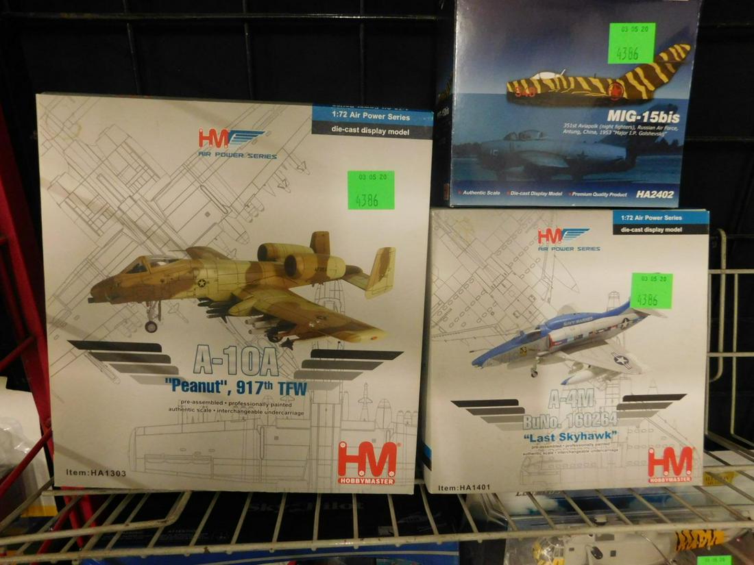 3 HM Air Power Series air Planes: 3 HM Air Power Series air Planes, all new in original boxes, small scale diecast including: A-10A "Peanut", HA 1303, A-4M BU No. 160264 "Last Skyhawk", HA1401 and Mig - 15bis, HA2402, all 1:72 scale.