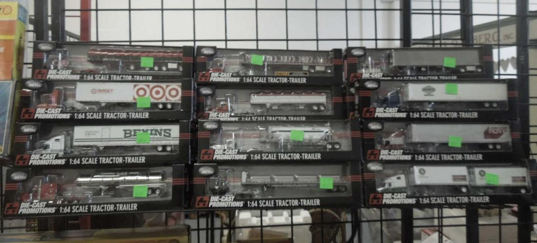 20 Diecast Promotions Tractor Trailers: 20 Diecast Promotions Tractor Trailers, all new in original boxes, 1:64 scale diecast, variety, no duplicates,some advertising, tanker, flatbed, box and tandem. CONDITION: Boxes may have minor wear.