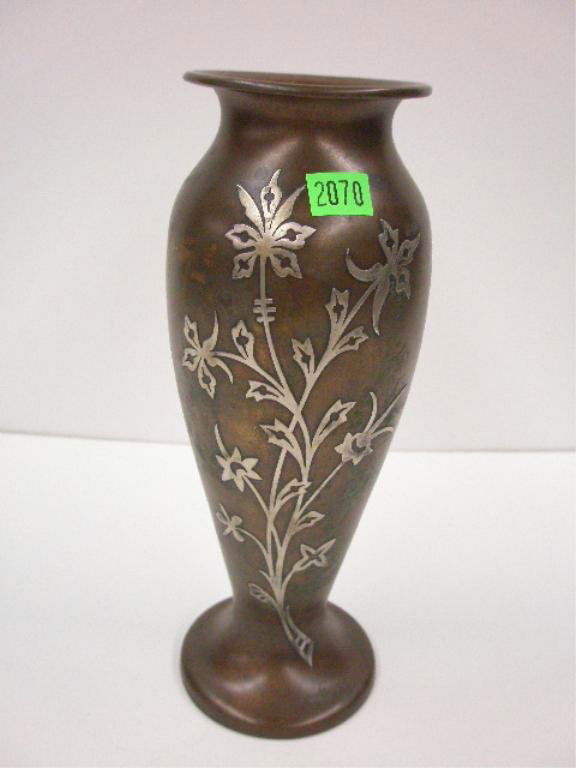 Arts & Crafts Silver on Copper Vase: Unsigned Arts & Crafts sterling silver on copper 9 3/4" vase, number 1016 marked on base