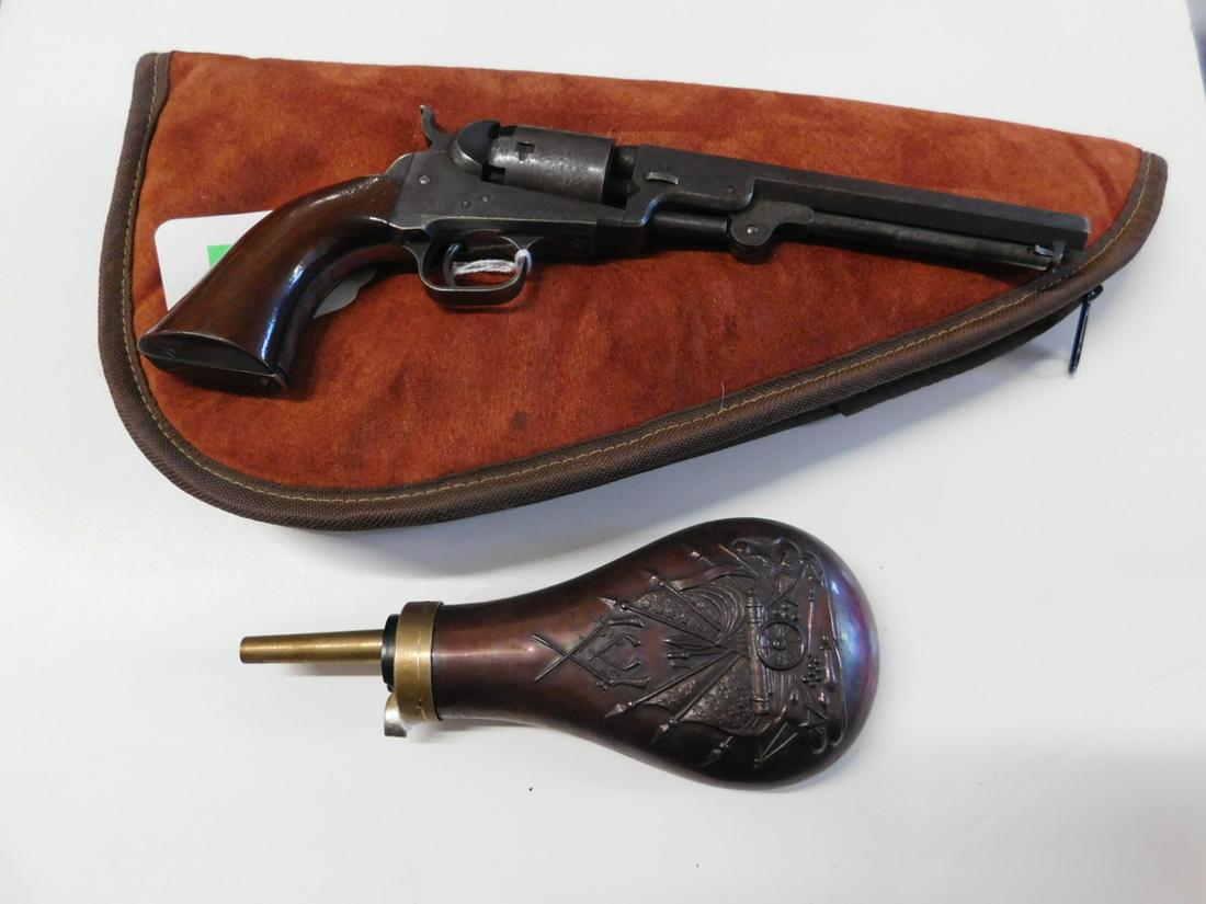 Antique Samuel Colts Patent Revolver: Antique Samuel Colts Patent Revolver, "New York City", six shot, single action percussion, 38 rim fire; blued finish with stagecoach hold up engraving on barrel, walnut grips; 5 1/2" barrel, serial nu