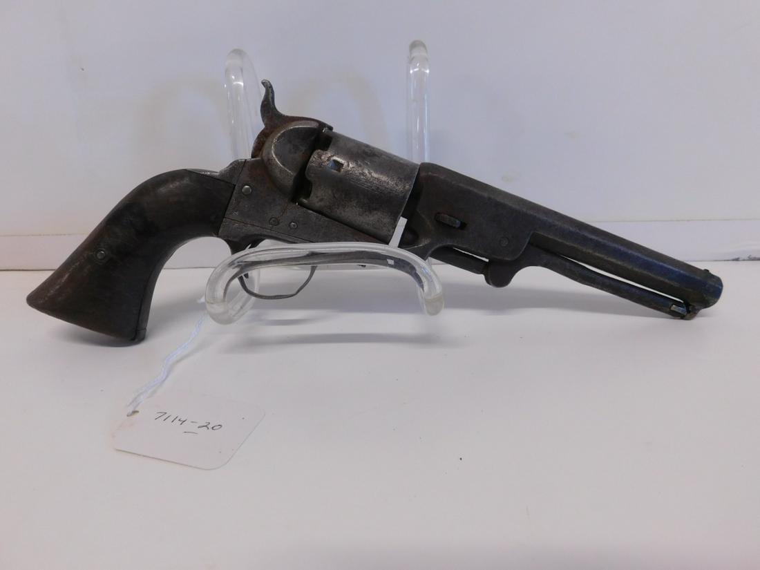 Col Sam L Colt Revolver: Col Sam L Colt Revolver, "Address Col Sam L Colt New York US America", 35 caliber, scroll engraved 5 3/4" octagon barrel and ship engraved six shot cylinder, black powder, walnut grips; A field find -