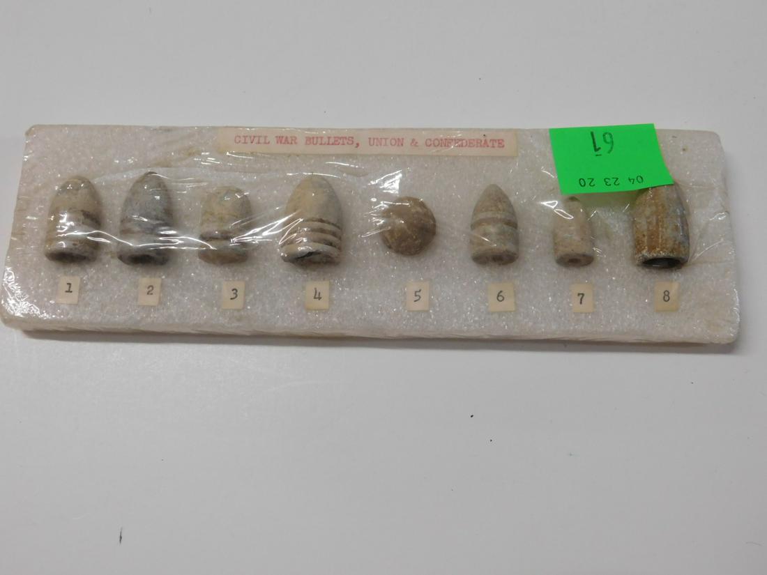 Group of Eight Civil War Bullets: Group of Eight Civil War Bullets, Union and Confederate, all lead with white oxidation including: (#1)58 cal. Union mini ball (3 ring - 1"), (#2) Confederate insert bullet (2 ring - 1 1/16"), (#3) Wil