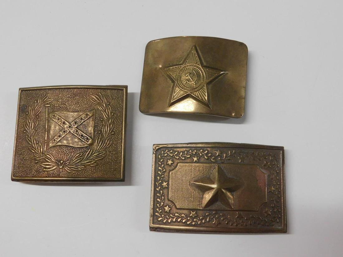 3 Vintage Brass Belt Buckles: 3 Vintage Brass Belt Buckles including: Confederate flag with surrounding Laurel Wreath, Greenwood and Gray (stamped on back), rectangular with attached hood and loop, 2 1/2" x 3", single star (raised