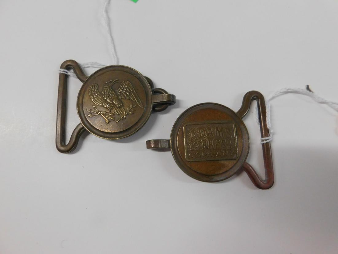 2 Vintage Brass Sword Belt Hangers: 2 Vintage Brass Sword Belt Hangers, 1 3/4" round with belt loop and round loop at bottom including: one with Federal eagle holding arrows and branch (with attached S hook) and one Adams Express Compan