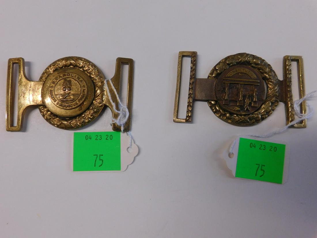 Pr Civil War Reproduction Sword Belt Buckles: Pr Civil War Reproduction Sword Belt Buckles. Officer's sword two piece belt buckles, brass including: South Carolina ANIMIS OPIBUSQUE PARATI (prepared in mind and resources), palmetto tree with broke