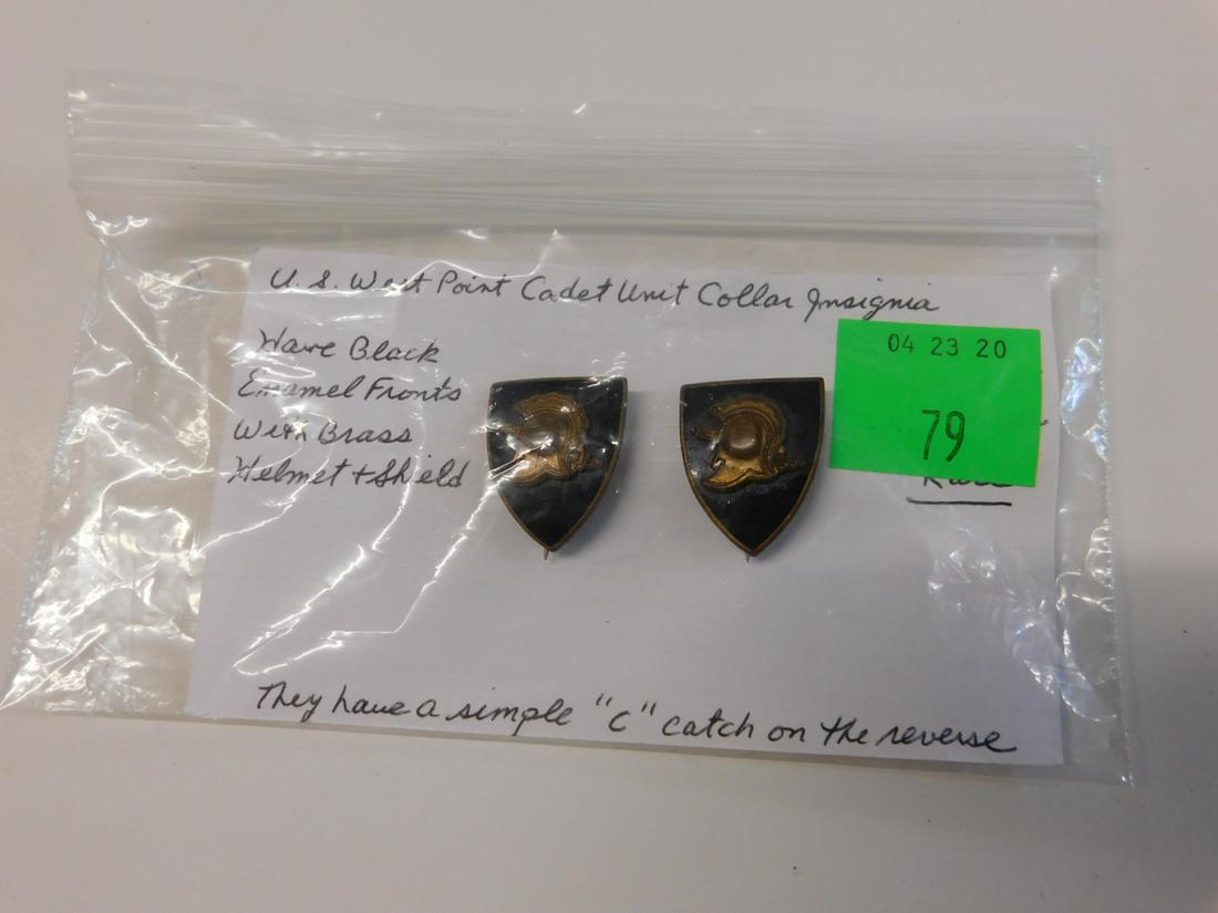 Rare Vintage West Point Cadet Insignias: Rare Vintage West Point Cadet Insignias, US Army , West Point Academy, Cadet Unit collar insignia, very old style, brass helmet and sword on black enamel shield. [6] CONDITION: Some surface brass wear