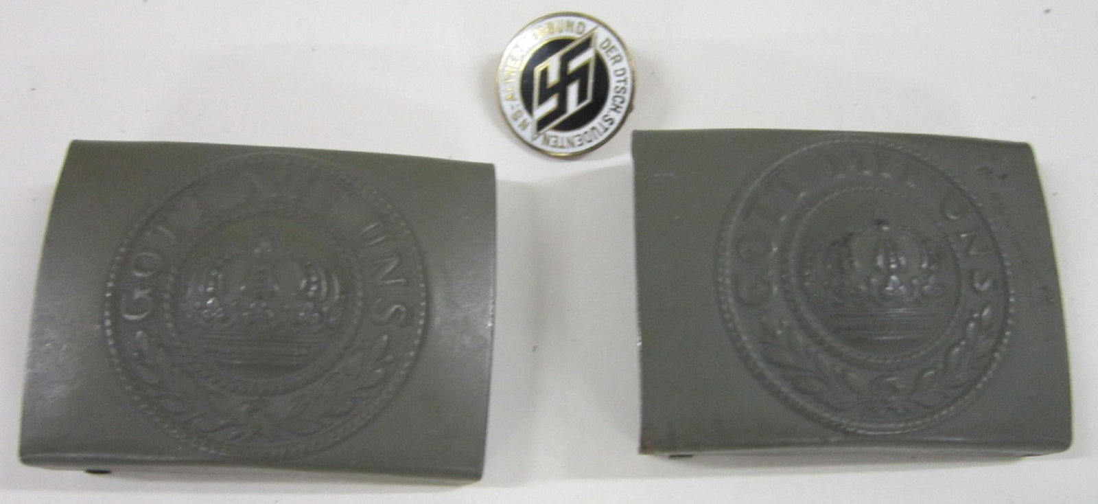 WW II German Belt Buckles & Pin: WW II German Belt Buckles & Pin includes: 2" Gott Mit Uns", soldier belt buckles and an enameled brass finish "NS Altherrenbund der Deutschen Studenten" membership badge. CONDITION: All in very fine c
