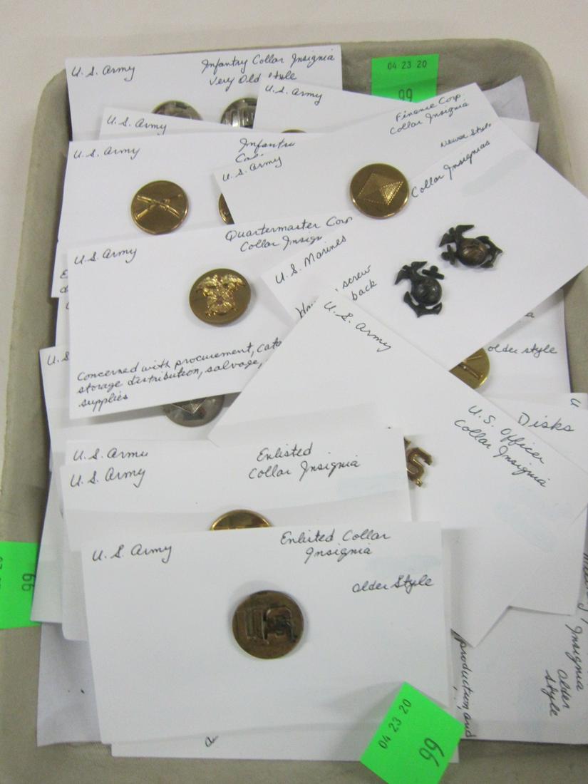 32 US Military Collar Insignias: 32 US Military Collar Insignias, mostly brass, 1" on flat or convex discs including: four Infantry, three Finance Corp (one nickel plated), three Corps of Engineers, two Old Style Infantry (one marked