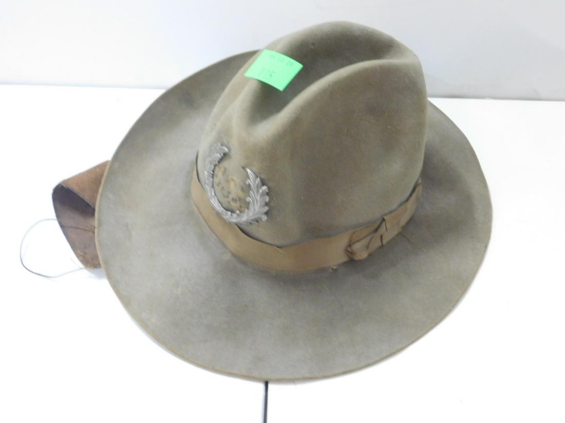 Civil War Confederate Cavalry Hat: Civil War Confederate Cavalry Hat, beige felt hat with nickel plated brass laurel wreath hat badge (missing CSA in middle - hat stained with letters, 2" leather inner sweat band (1861 scratched in ban