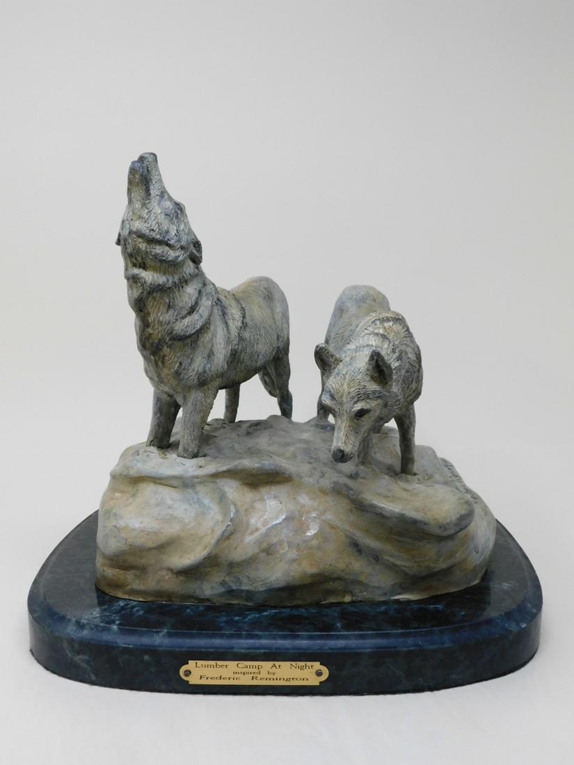 Tom Knapp - Bronze - "Lumber Camp at Night": Tom Knapp - Bronze - "Lumber Camp at Night", inspired by Frederic Remington, No. 95 / 500, gray patina, green marble base, depicts two wolves - one howling, 11" x 11" x 11", includes: certificate of a
