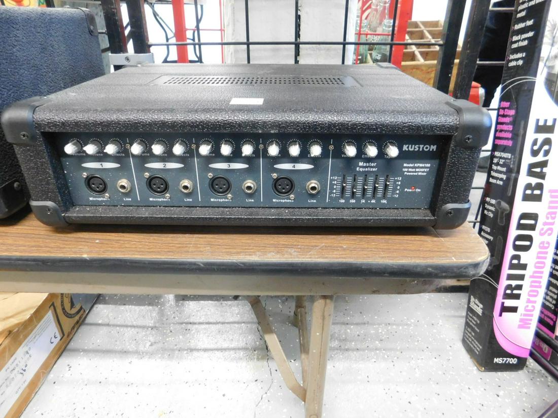 Kustom Powered Mixer AMP: 4 channel Kustom Powered Mixer AMP, model #KPM4100, 100 watt MOSFET, 17 1/2" x 13 1/2" x 5 1/2" powered mixer with master equalizer. CONDITION: Tested, good, working.