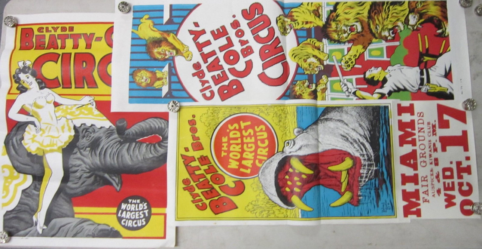 3 Original Clyde Beatty Cole Bros Circus Posters: Three Original Clyde Beatty Cole Bros Circus Posters, all one sheet, litho on paper including: one long sheet, lion and tiger tamer, No. 76-CB, 14" x 42", hippo,Roland Butler, No.80-CB, 14" x 27" with
