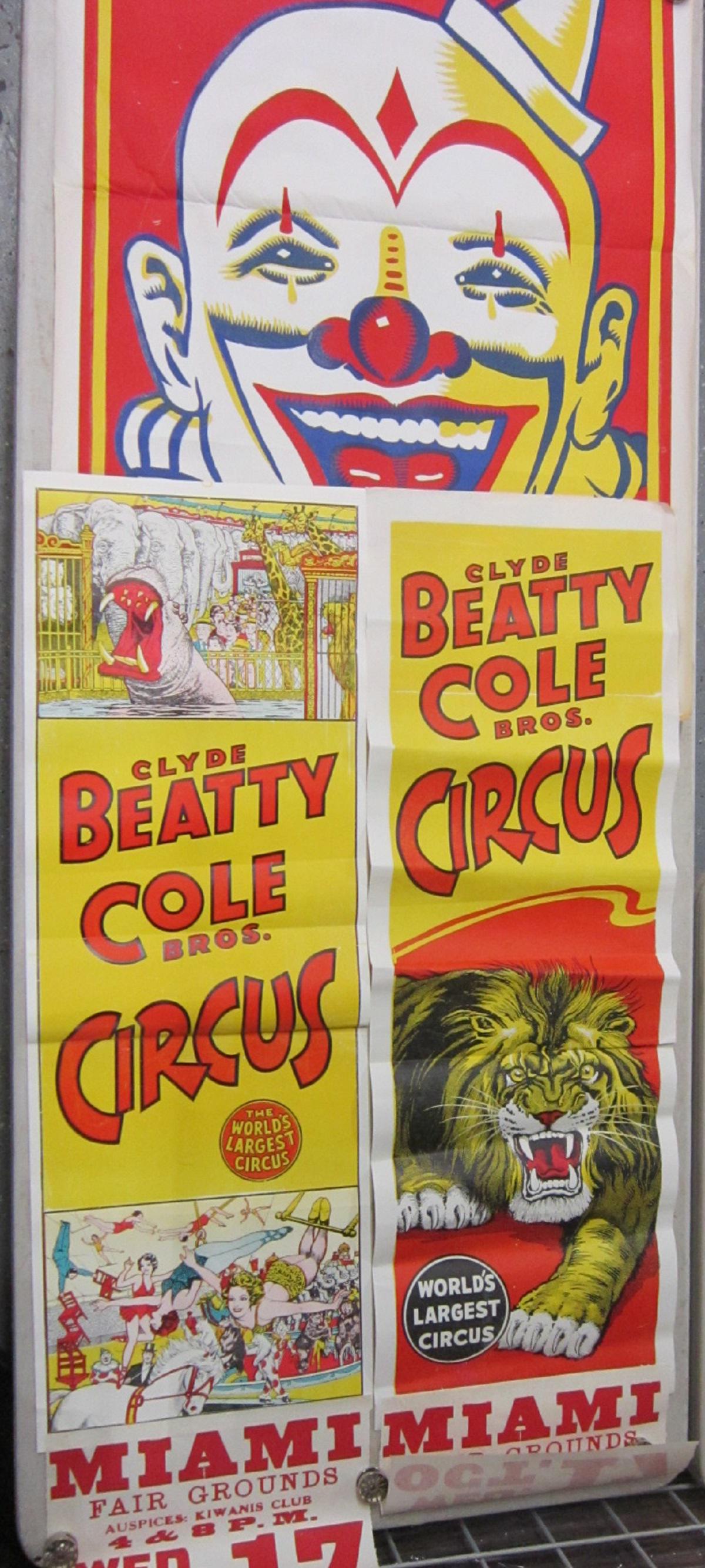 3 Original Clyde Beatty Cole Bros Circus Posters: Three Original Clyde Beatty Cole Bros Circus Posters, all one sheet, litho on paper including: one large clown, No. 120-Up, 28" x 42" and two long sheets, lion, plus animals and circus performers, bot