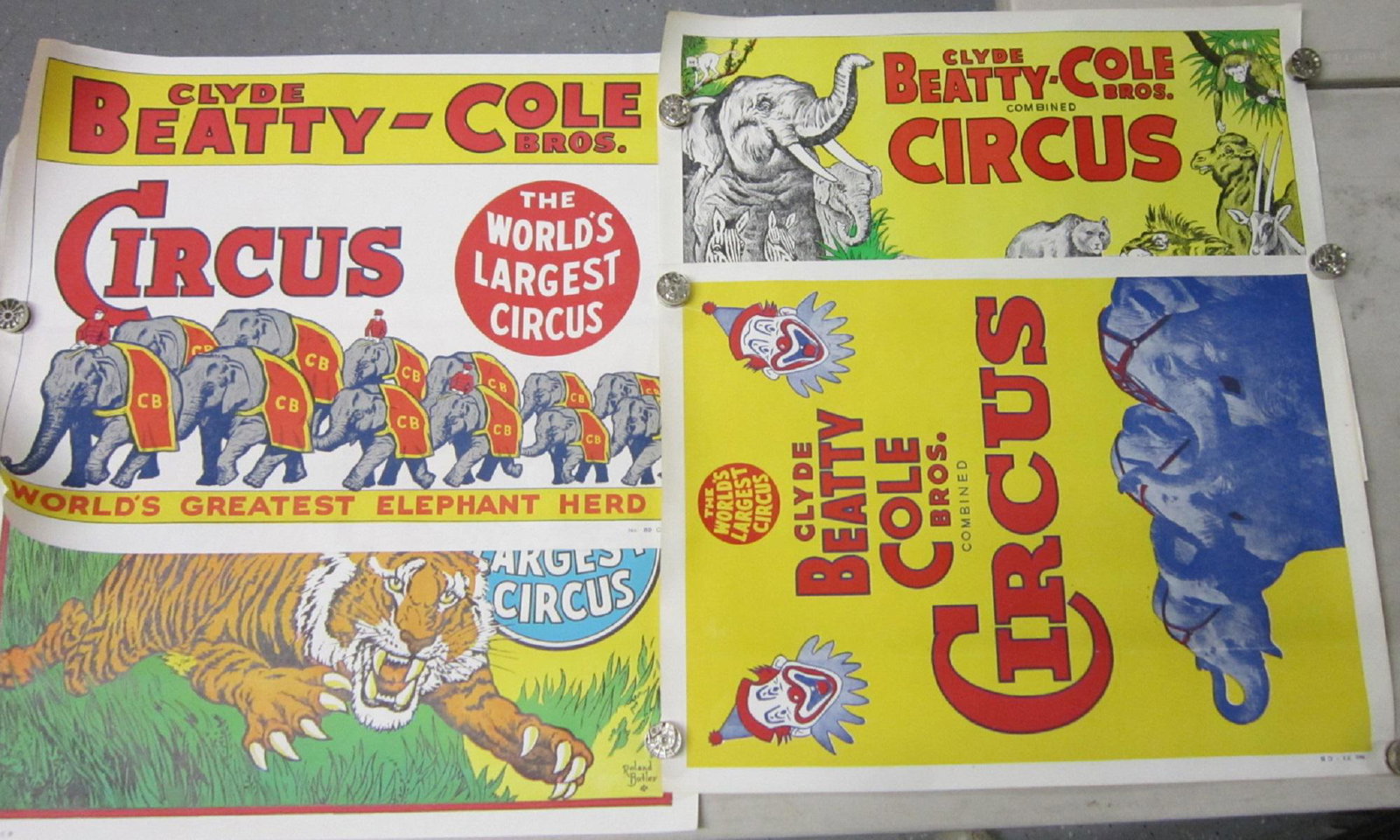 4 Original Clyde Beatty Cole Bros. Circus Posters: Four Original Clyde Beatty Cole Bros Circus Posters, all one sheet, litho on paper including: two "Beatty-Cole Combined" elephants and clowns, No. 71 CB and animals, No. 79 CB, plus elephants, No. 89 