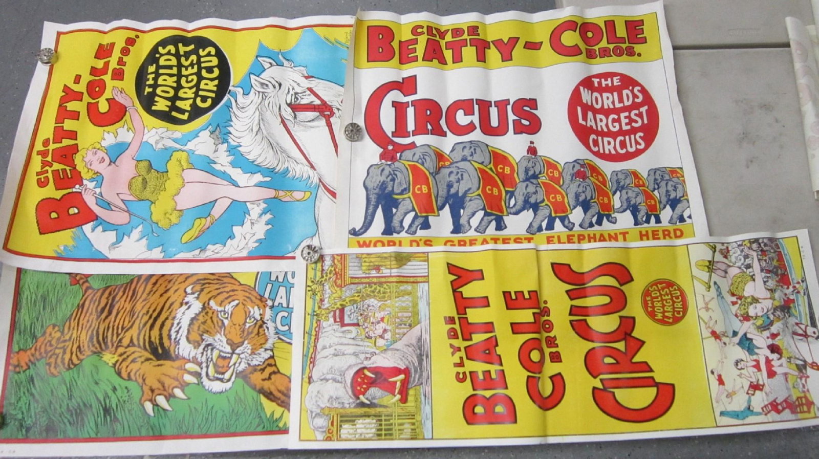 4 Original Clyde Beatty Cole Bros. Circus Posters: Four Original Clyde Beatty Cole Bros Circus Posters, all one sheet, litho on paper including: one long sheet, animals and circus entertainers, 75 CB, 14" x 40", plus elephants "World's Greatest Elepha