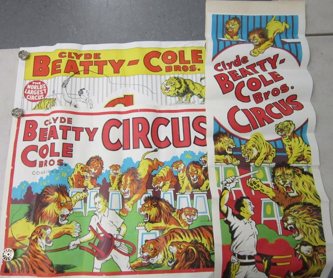 3 Original Clyde Beatty Cole Bros. Circus Posters: Three Original Clyde Beatty Cole Bros. Circus Posters, all one sheet, litho on paper, lion tamer including: long sheet, No. 76 CB, 14" x 41" with attached fair sheet "Miami Fair Grounds, auspices: Kiw