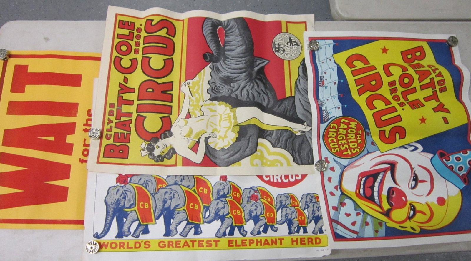 4 Original Clyde Beatty Cole Bros. Circus Posters: Four Original Clyde Beatty Cole Bros. Circus Posters, all one sheet litho on paper including: Clown "The World's Largest Circus", No. 81-CB, Girl on Elephant "The Greatest Circus on Earth", Acme Circu