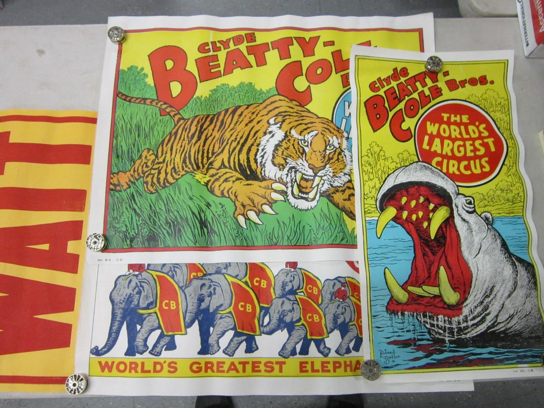 4 Original Clyde Beatty Cole Bros. Circus Posters: Four Original Clyde Beatty Cole Bros Circus Posters, all one sheet litho on paper including: hippopotamus, Roland Butler, No. 80-CB, 14" x 26", tiger, Roland Butler, No. 84-CB, 21" x 27 1/2", elephant