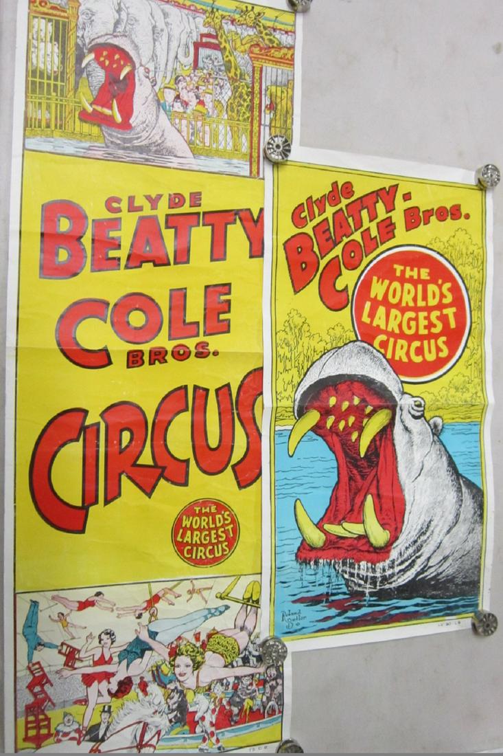 2 Original Clyde Beatty Cole Bros: Circus Posters: 2 Original Clyde Beatty Cole Bros: Circus Posters, both one sheet, litho on paper, "The World's Largest Circus" including: Hippopotamus, Roland Butler, No. 80-CB, 14" x 26" and one long sheet, animals