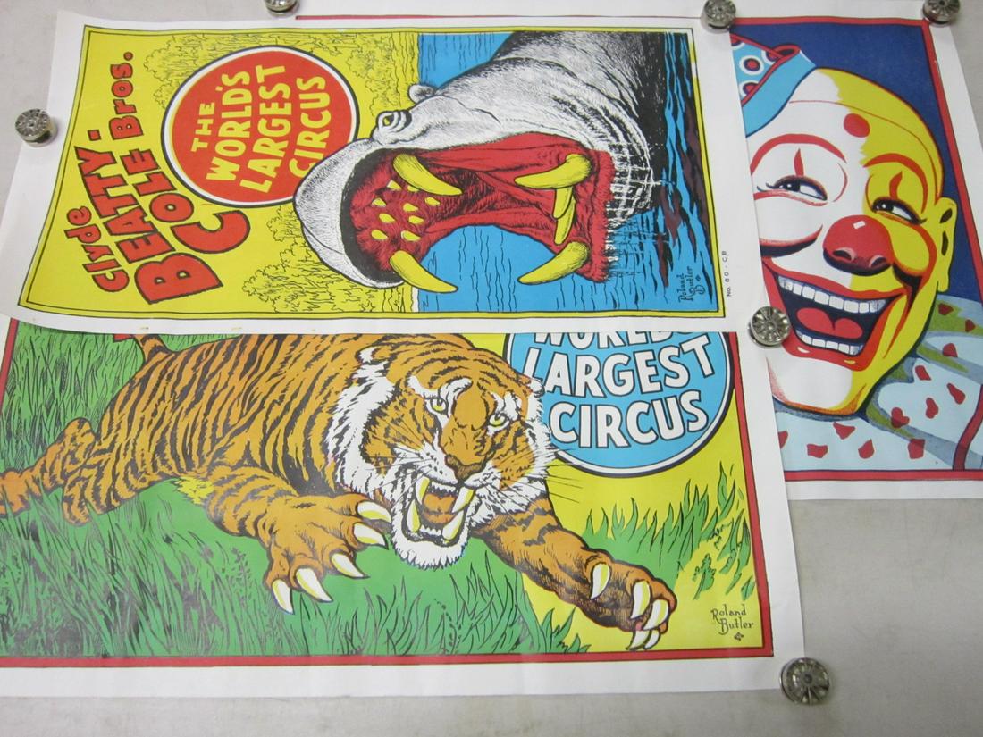 3 Original Clyde Beatty Cole Bros Circus Posters: Three Original Clyde Beatty Cole Bros Circus Posters, all one sheet, litho on paper, "The World's Largest Circus", including: Hippopotamus, Roland Butler, No. 80-CB, 14" x 27 1/2", clown No. 81-CB, 21