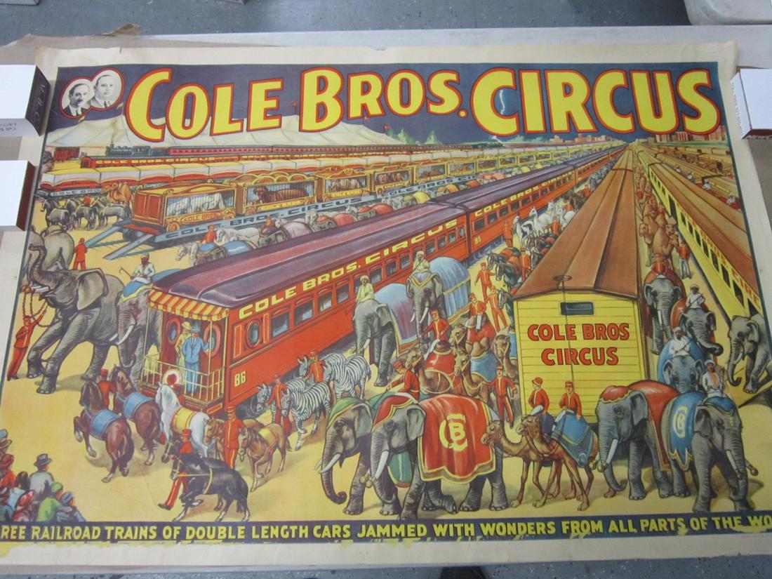Original Cole Bros. Circus Poster: Original Cole Bros. Circus Poster, one sheet litho on paper "Three Railroad Trains of Double Length Cars Jammed with Wonders from all parts of the World, Erie Litho & Ptg. Co. Erie, PA 14782-C, 28" x 