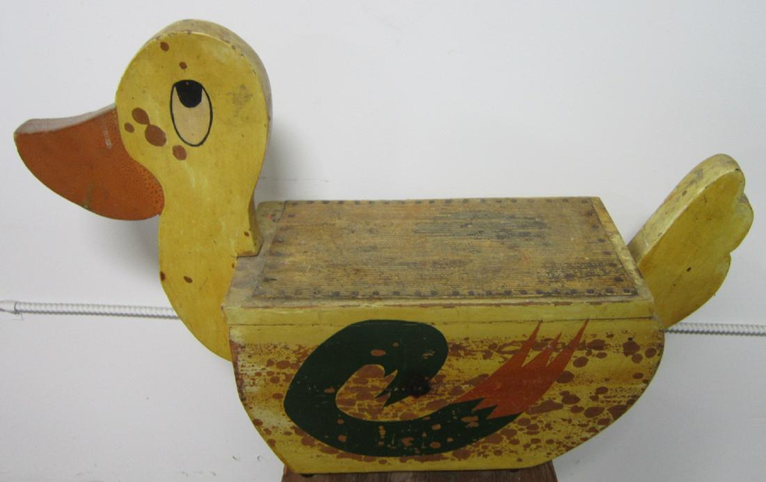Carnival Duck-Form Step Stool: Carnival Duck-Form Step Stool. A hand-made, painted wood step stool or mounting block in the form of duck. Likely used for loading small children onto rides. Mid-20th century. Size: 27.5" X 18" X 8" t