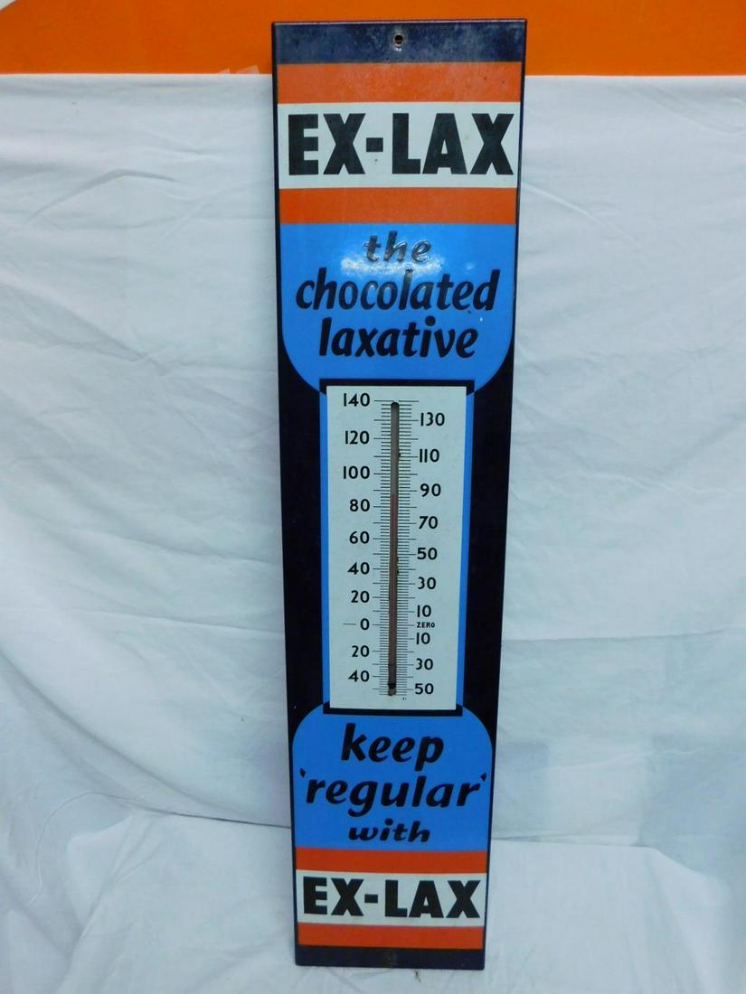 "Ex-Lax" Thermometer: "Ex-Lax" Thermometer,enameled sheet metal in black, blue, red and white; glass thermometer inset from verso, mid 20th C, 8 1/8" x 36 1/4" x 1 1/4". CONDITION: Very good, no issues identified.