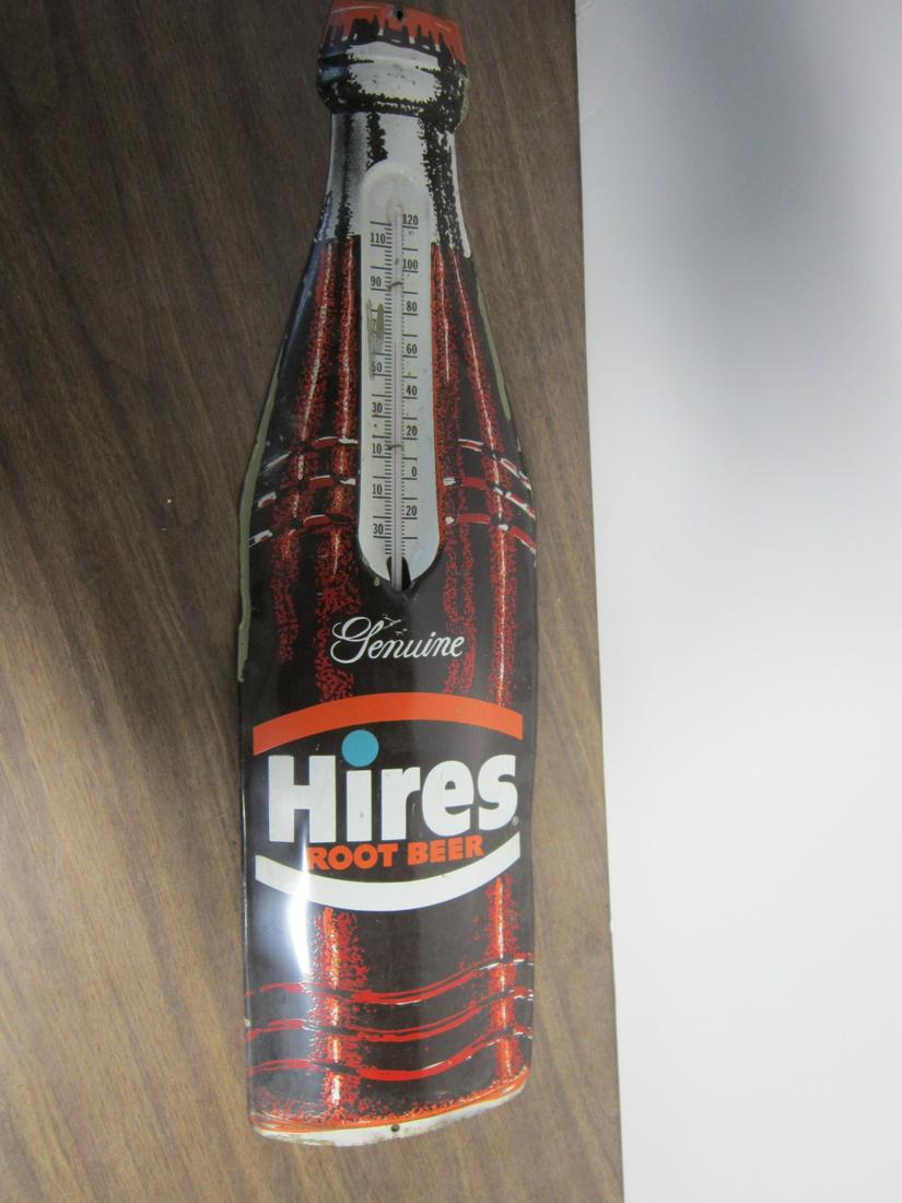 Vintage 1960s Tin Hires Root Beer Thermometer: Vintage 1960's tin Hires Root Beer thermometer Genuine Hires Root Beer, bottle form tin litho, 7 3/4" x 28 3/4" with mounting holes on top and bottom. CONDITION: Some surface wear and litho loss from 