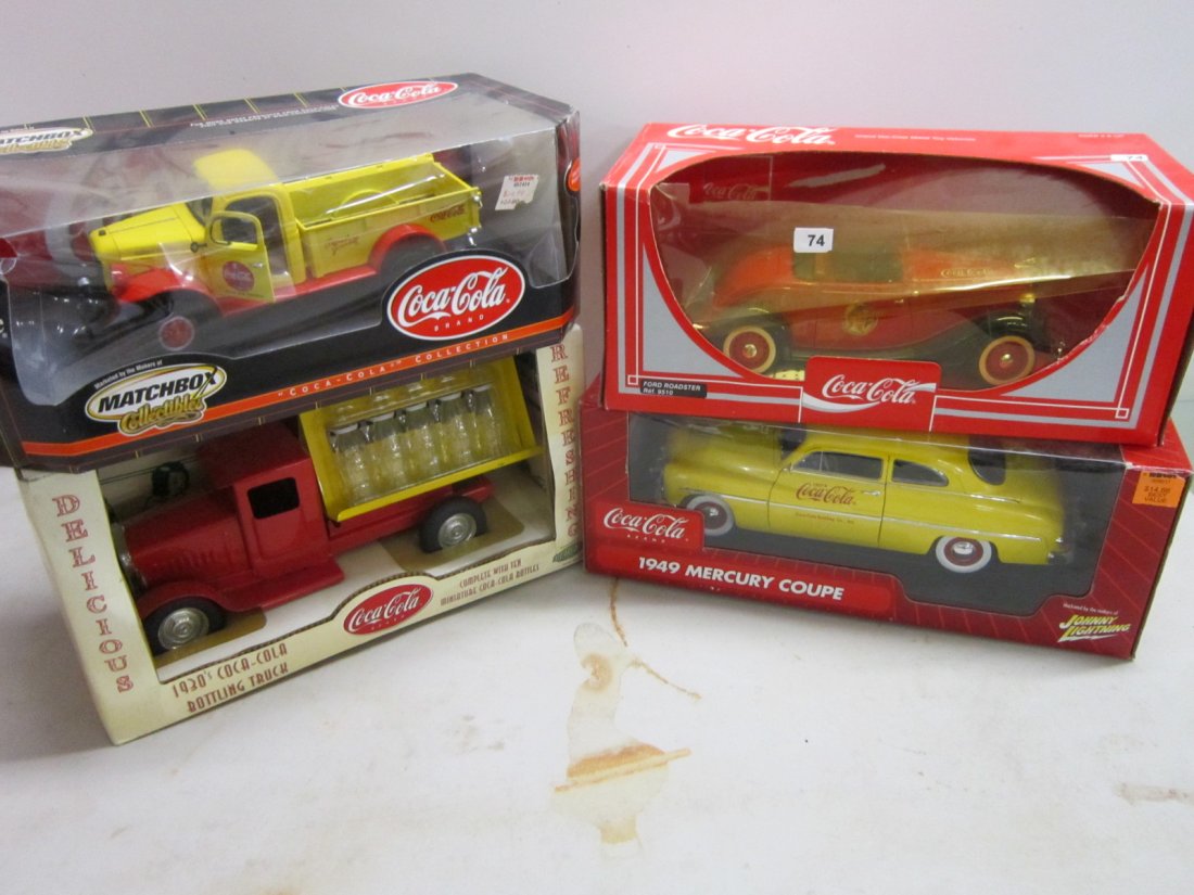 4 Large scale model Die Cast Coca Cola Cars: 4 Large scale model Die Cast Coca Cola Cars all like new / new in original boxes including; Johnny Lightning 1949 Mercury Coupe, Matchbox Collectible Dodge Power Wagon, Gearbox 1930's Bottling Truck a