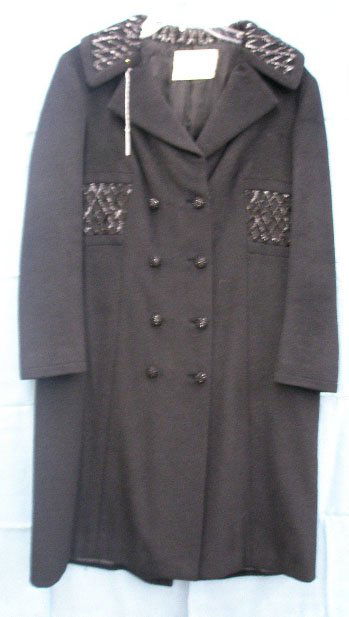 Lilli Ann black wool/fur blend coat: Lilli Ann black wool/fur blend coat, with "lattice work" of black sequins on the collar and cuffs, 1950's, size 10-12, (label "An original from Lilli Ann of San Francisco"