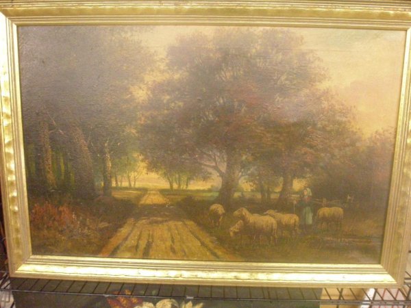 "Landscape and Sheep" oil on canvas