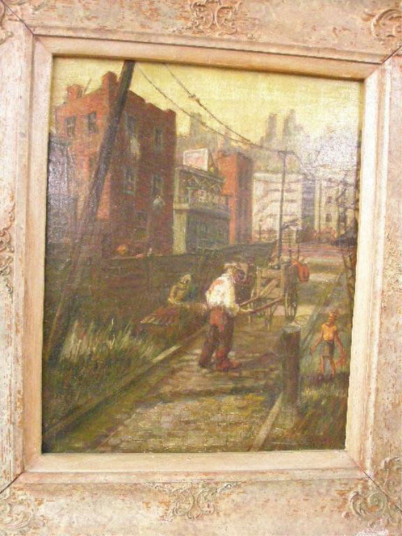 R[eginald] Marsh, "Alley Life": [In the manner of] R[eginald] Marsh, signed within image and dated 1927, oil on masonite, "Alley Life". [Paint inscription verso: "Alley Life/Blecker St./1927/R. Marsh"] 15 1/2h x 12 1/2w=image; 22 3/