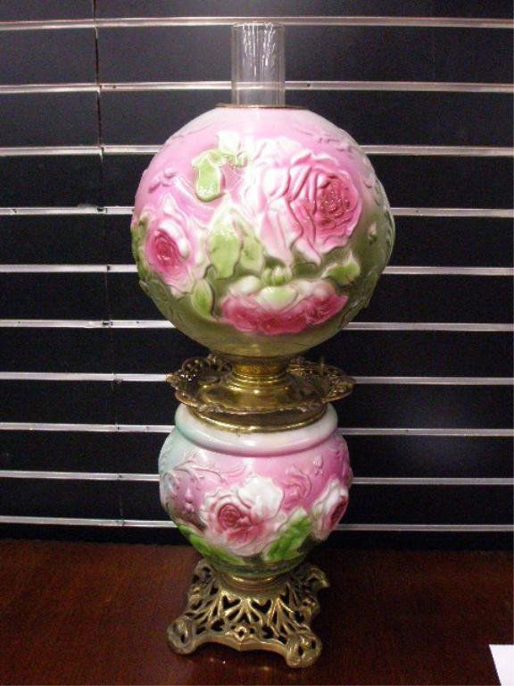 Gone With The Wind lamp: Gone With The Wind lamp, pink puffy rose pattern on a green field, pierced brass finish base & font, electrified, late 20th C. hgt 23", shade diameter 10"