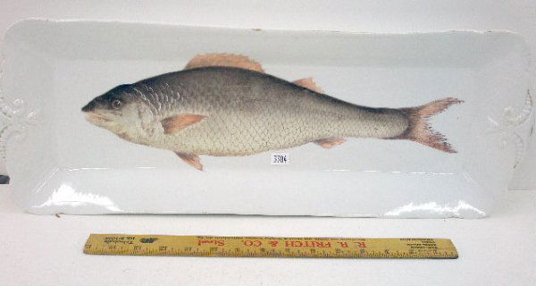 Late 19th c. German Porcelain Fish Platter: Late 19th c. B.S. & M German porcelain 23 12 x 8 1/2" fish platter, transfer w/hand painted overlay fish design