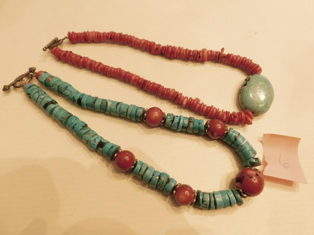 2 Native American Coral & Turquoise Necklaces: 2 Native American coral and turquoise necklaces includes: 15" blood red coral Heishi beads with a central 28 x 38mm oval polished natural turquoise; and a 16" Heishi natural turquoise beads with 5 rou