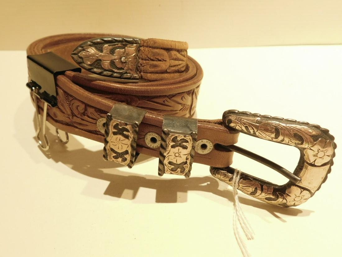 Mexico Silver & Gold Buckle & Leather Belt: Mexico silver and gold buckle and leather belt, silver with rose gold floral and foliate overlays, buckle 2 1/8" x 2", floral & scroll tooled brown leather small size belt signed "S. D. Myres El Passo