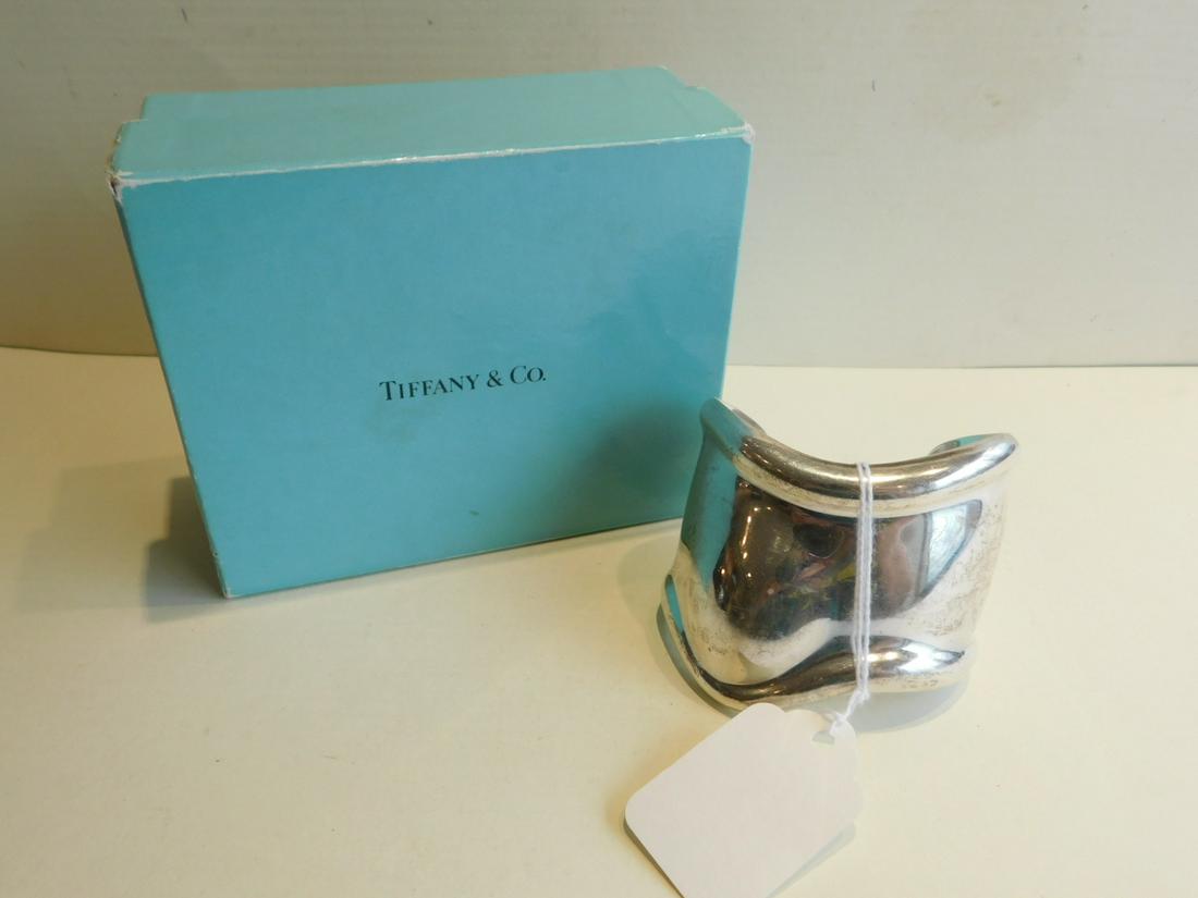 Tiffany Elsa Peretti Sterling Cuff Bracelet: Tiffany & Co. Elsa Peretti Sterling Cuff Bracelet, Italy, wide approx with 2 1/2", inner diam 21/4", 2.35 ozt [18] CONDITION: very good and mildly used.