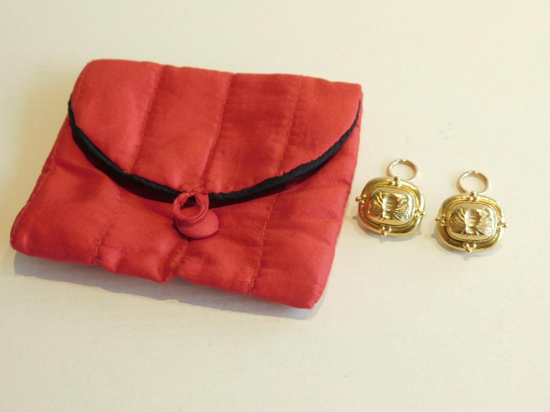 Elizabeth Locke "Fat Bee" 19k Gold Earrings: Elizabeth Locke "Fat Bee" 19k earrings, 19k yellow gold Triad Cushion "Fat Bee", both clip & Omega back collapsible post; 20 x 22mm, 14.1 DWT TW; retail value $5, 375. [3] CONDITION: Very good, used.