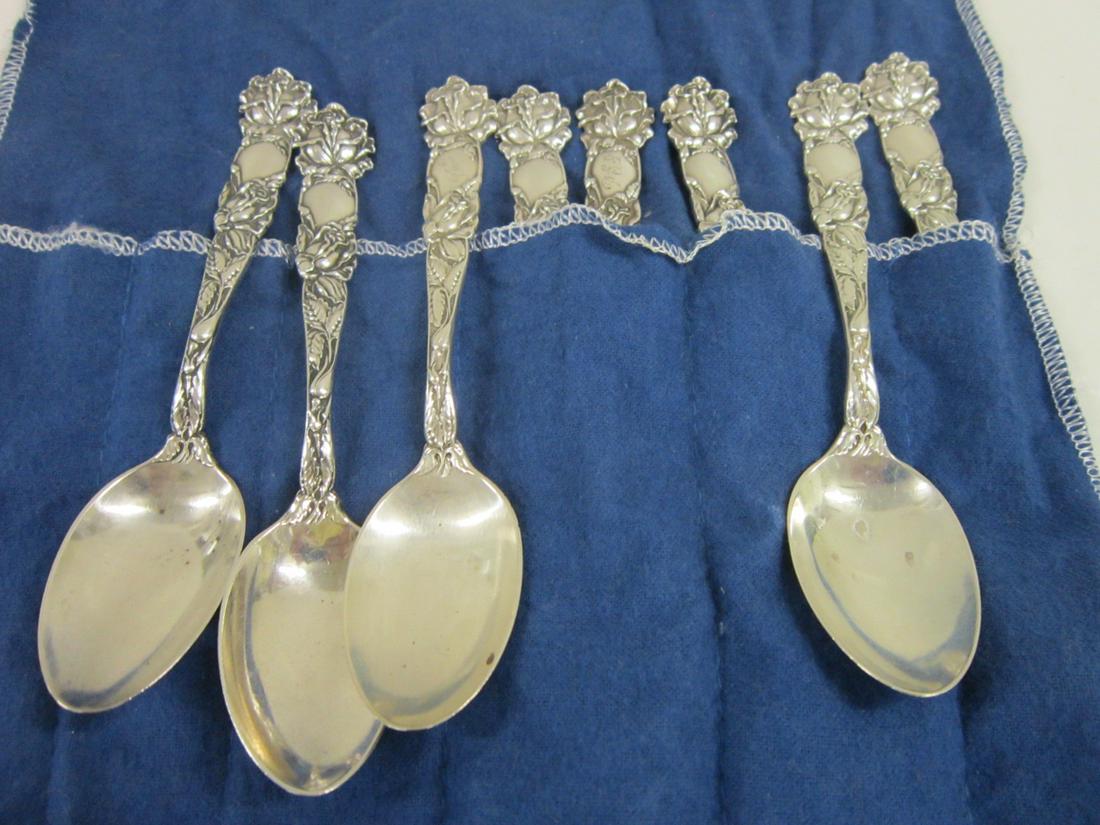Set (8) Alvin Art Nouveau Sterling Tea Spoons: Set (8) Alvin Art Nouveau Sterling Tea Spoons, Bridal Rose pattern (1903), 5 1/2" l. 7.65 ozt total weight. Condition; very good, mild usage, (2) inscribed "1906"