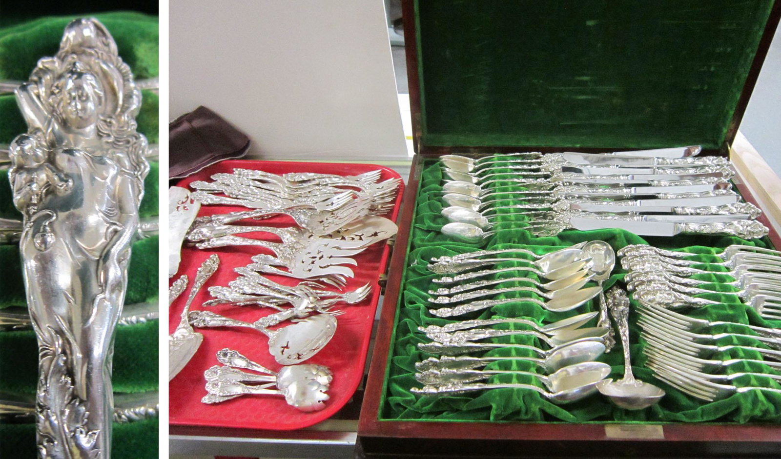 Reed & Barton Love Disarmed Sterling Flatware Set: Reed & Barton Love Disarmed Sterling Flatware Set: A 99 piece set of sterling silver flatware and serving pieces in the Love Disarmed pattern by Reed & Barton. This assembled set contains early and ne