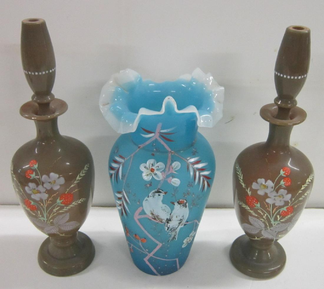 Victorian Satin Glass Group: Victorian Satin Glass Group, all hand-blown with raised enamel decorations including: 9 1/4" scalloped top blue vase, and a pair of 11" h. avocado green glass cologne bottles with stoppers, all late 1