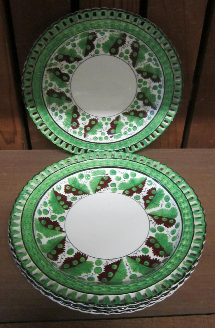 Set of Four Early 19th Century Spode Plates: Set of Four Early 19th Century Spode Plates, cream ware body with reticulated and embossed basket weave border; green hand-painted leaf and berry decoration. Matthew & Elisabeth Sharpe retailers label
