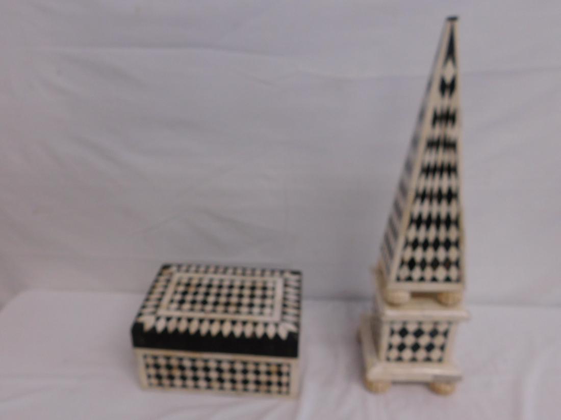 Bone and Horn Tessellated Box & Obelisk: Bone and Horn Tessellated Box & Obelisk, Maitland-Smith style, both in black and white diamond pattern. Lift lid casket-form box with velvet-lined interior, 10" x 7" x 5", obelisk mounted on balls on