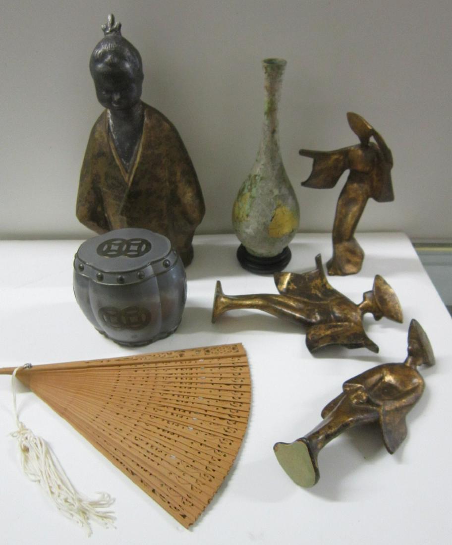 Oriental Metal ware Group: Oriental Metal ware Group. Consisting of: a 10" cast iron standing figure of a child with distressed gilt robes, three, 7" h. distressed gilt iron standing geishas, 8" h. bronze bottle form vase with 