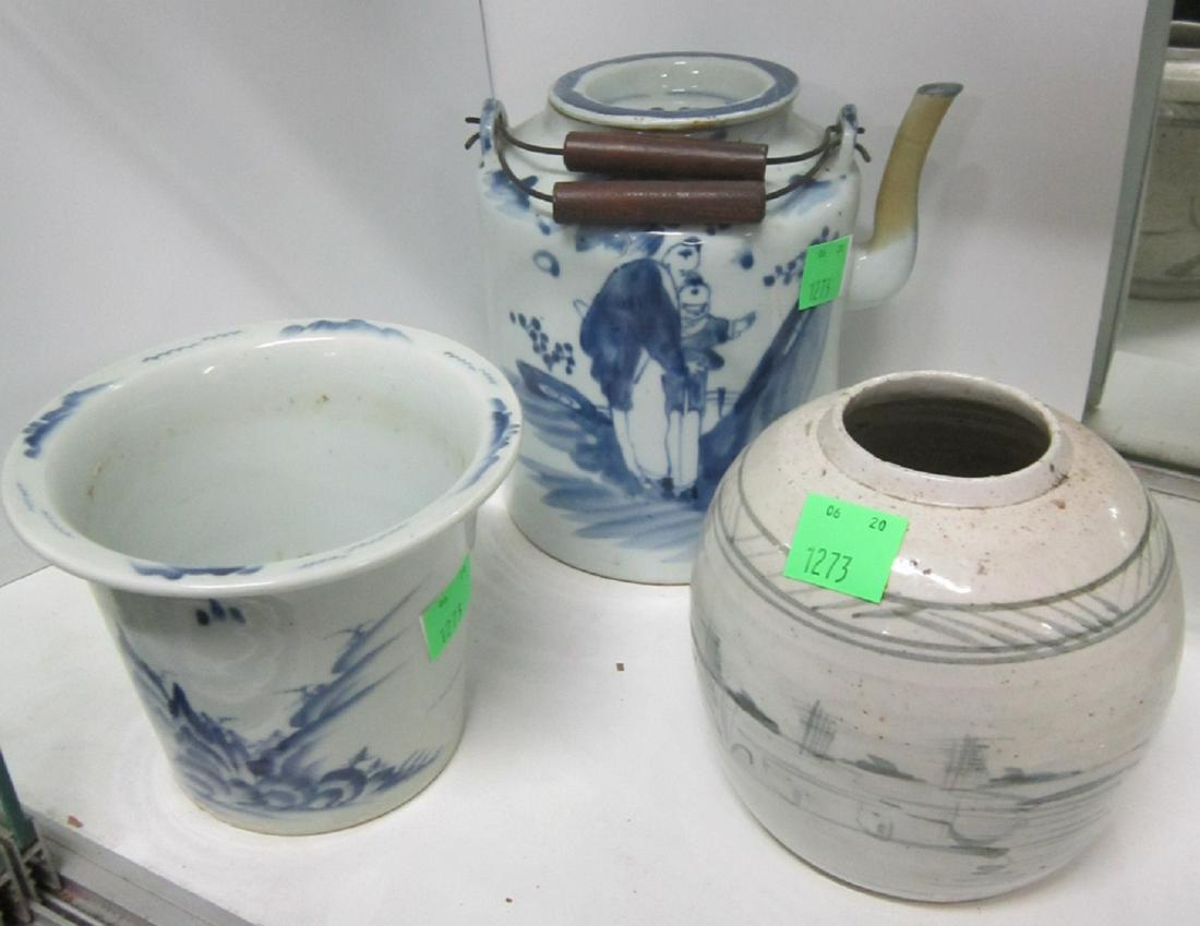 Three Pieces Chinese Porcelain: [3 pieces] Three Pieces Chinese Porcelain: consisting of a large teapot or hot water pot with metal and wood handles, a flower pot (lacking saucer) and a ginger jar (lacking lid); the teapot and flowe